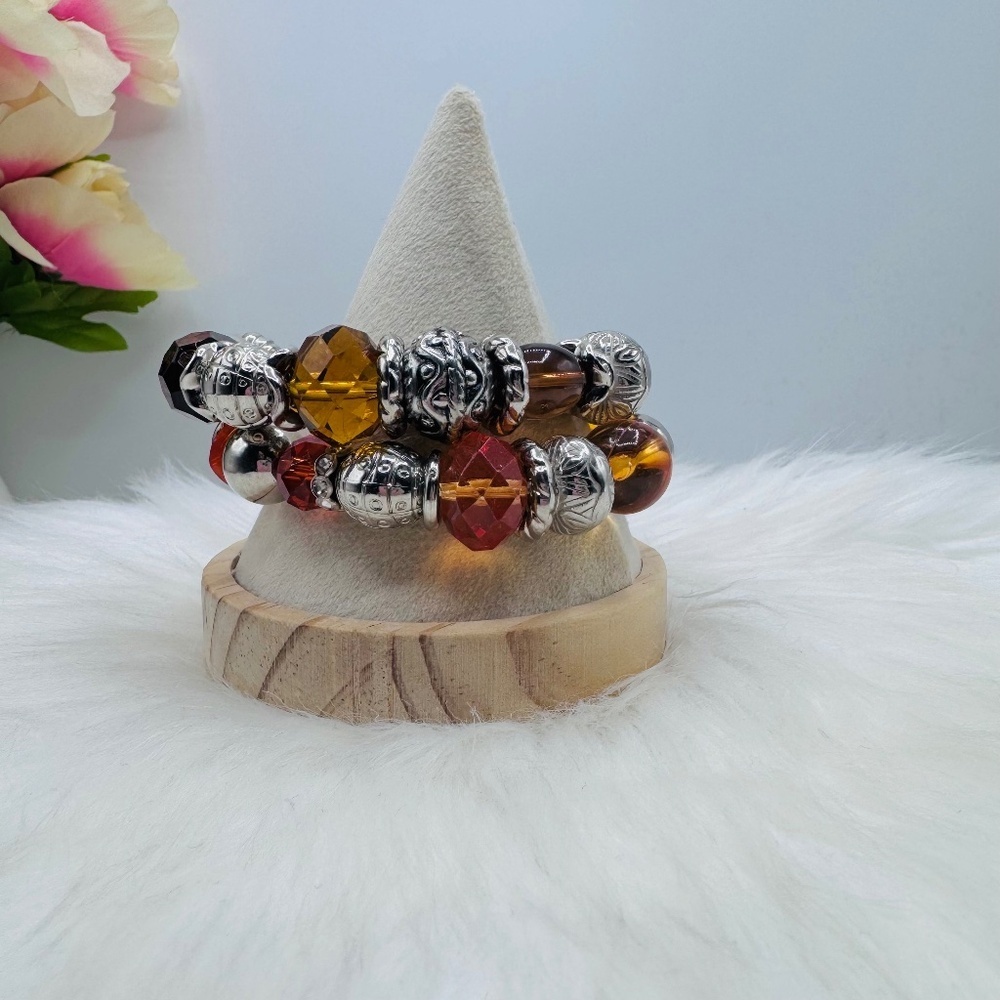 Autumn Amber & Silver Charm Bracelet Set – Chunky Beaded Stretch